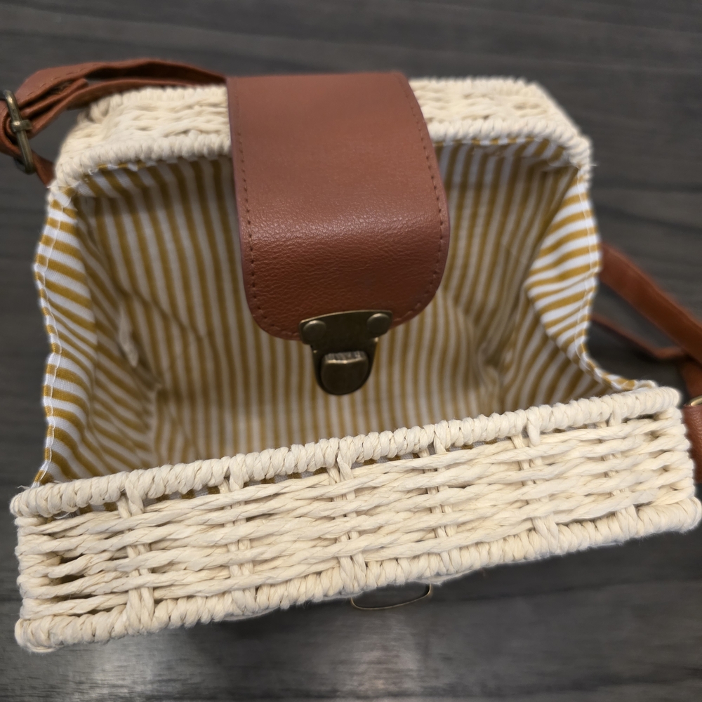 Mini Stylish Cream and Brown Woven Crossbody Bag - Picture 8 of 12